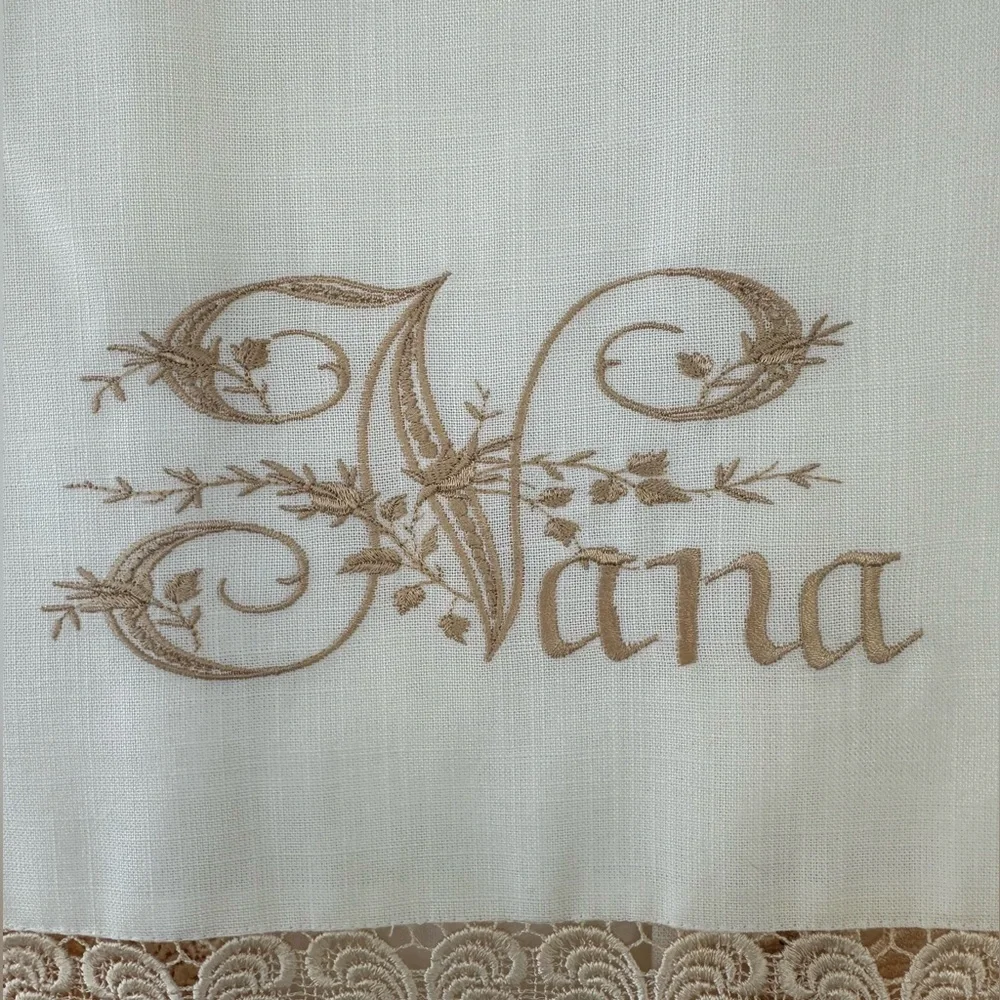 Nana Linen Hand Towel Embroidered Lace Cottage Chic 36” X 17 1/2 Handmade